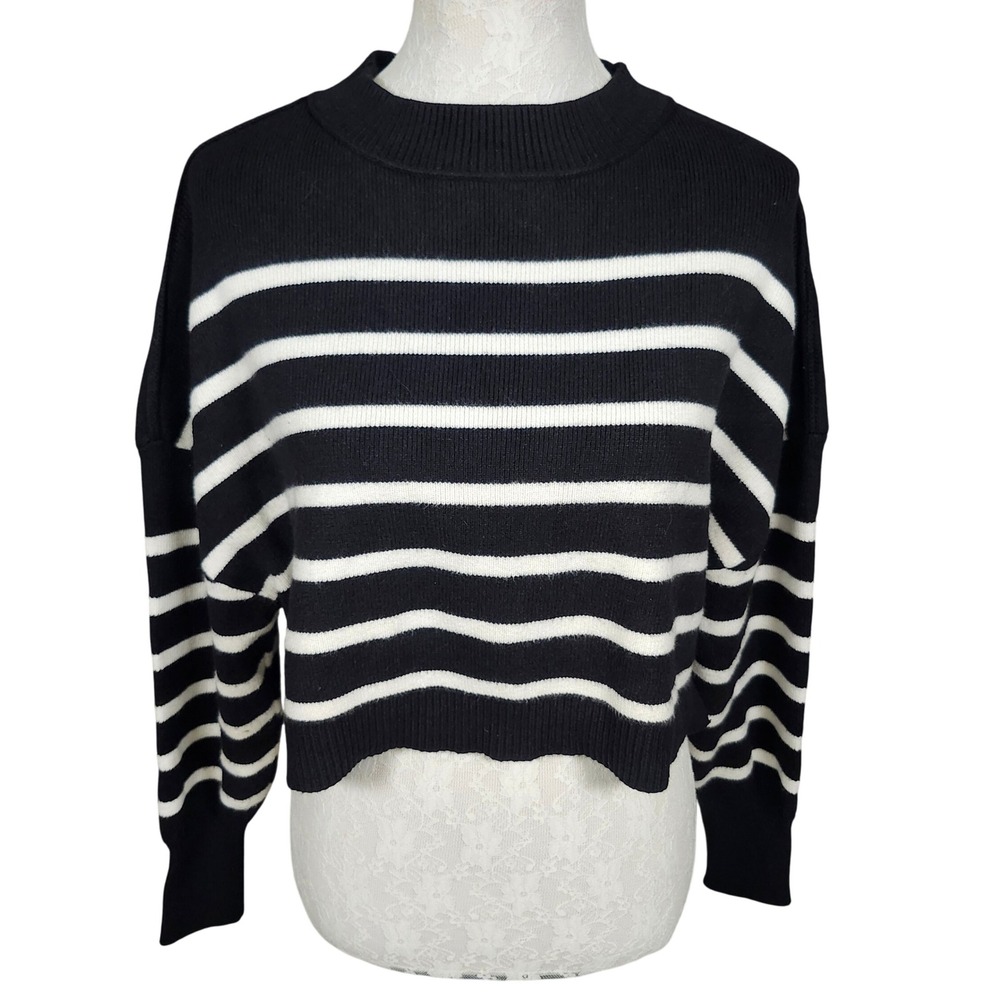 Merokeety Women's Striped Mock Neck Cropped Knit Sweater Black White Size M